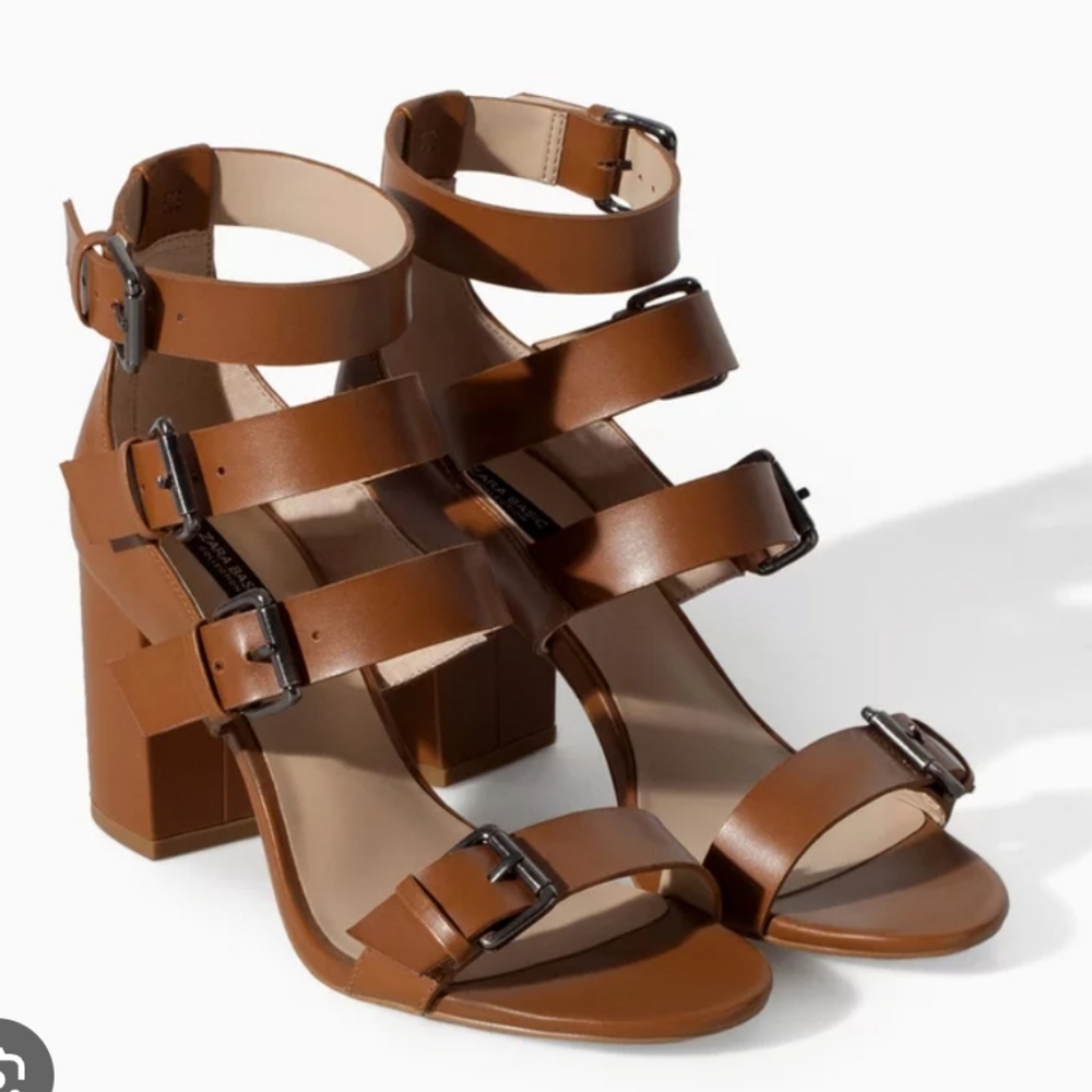 NWT Zara Brown Leather Buckle High Heel Sandal With Wide Straps Size 38 / 7.5